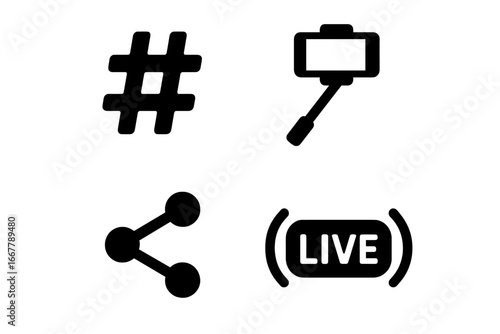 Social media solid glyph icon set. Vector symbols for hashtag, selfie, sharing, and live streaming. For content creator, vlogger, and influencer marketing. Web and app icons.