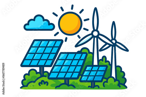 Solar panels and wind turbines symbolizing clean renewable energy solutions in a vibrant eco-friendly landscape, sustainability concept, green technology vector cartoon illustration