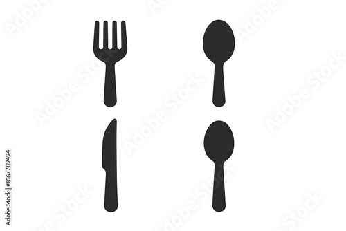 Solid filled utensil icon set including eating and serving cutlery with fork, soup spoon, steak knife, and serving spoon vector illustration on transparent background