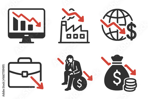 Economic decline icon set. Financial crisis, recession, and market crash concepts. Business failure, investment loss, unemployment, debt, and global economy symbols.