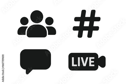 Social media solid icon set. Vector glyphs for follower group, hashtag, comment, and live stream. Symbols for UI, web design, app interface and digital communication.