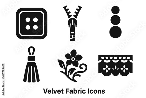 Velvet Fabric Accessories Icons. Solid Filled Vector Set of Velvet Buttons, Zippers, Beads, Tassels, Embroidery Floral Designs, Lace Trim Elements on Transparent Background