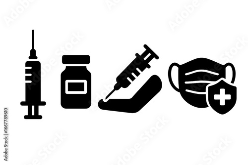 Vaccination icons set with syringe, vaccine vial, injection on arm, medical mask with health shield, solid filled vector illustration for healthcare and medical safety
