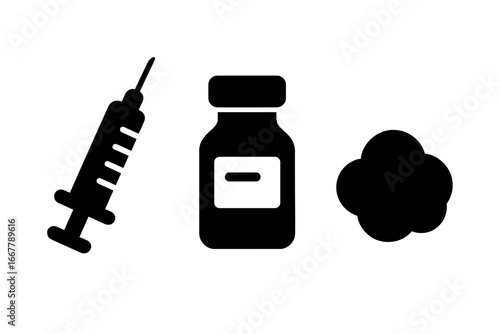 Vaccination Tools Icons Set, Solid Filled Vector Illustration of Injection Syringe, Vaccine Vial, and Cotton Ball for Medical and Health Concepts on Transparent Background