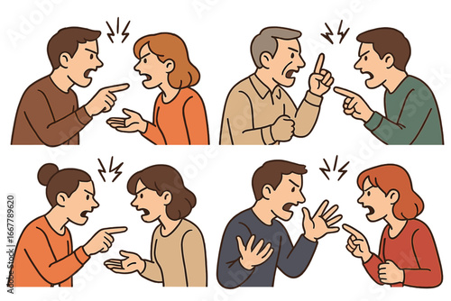 Collection of couples arguing and fighting. Man and woman in conflict and disagreement. Relationship problems, family dispute, aggressive communication, shouting, pointing fingers.