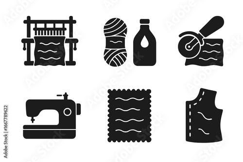Velvet Fabric Production Icon Set, Solid Filled Vector Collection with Loom, Yarn, Dyeing Bottle, Cutting Wheel, Sewing Machine, Fabric Pattern, and Clothing Pattern Elements