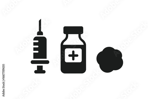 Vaccination Tools Icons Set, Solid Filled Vector Symbols of Injection Syringe, Vaccine Vial Bottle with Medical Cross, Cotton Ball for Immunization and Healthcare, Transparent Background