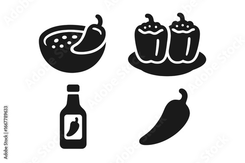 Spicy pepper food icons set. Solid glyph vector collection of international dishes. Chili con carne, stuffed bell peppers, hot sauce bottle and jalapeno pepper symbols.