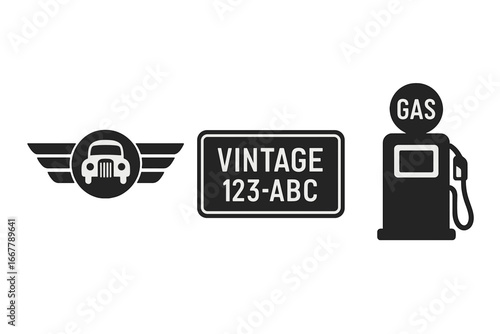 Vintage automotive icons set with solid filled classic car emblem, retro license plate, and old-fashioned gas pump illustration, automotive history symbols collection