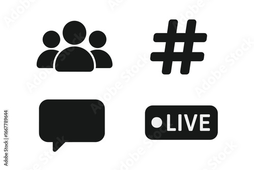 Social media solid glyph icon set. Followers, user group, community, hashtag, comment, message bubble, and live stream button. UI UX web element for app and website design.