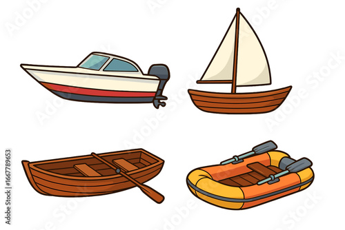 Boat vector illustration set. Includes speedboat, sailboat, wooden rowboat, inflatable dinghy. Marine transport and water leisure concepts. Summer travel and vacation icons.