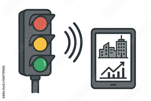 Smart Traffic Signal Technology Enhancing Urban Safety and Efficiency with Real-Time Data Communication in City Infrastructure, Vector Cartoon Illustration Transparent Background