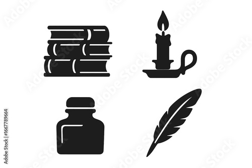 Vintage bookshelf icons solid filled vector set with old book stack, candle holder, ink bottle, and quill pen for classic writing and reading theme