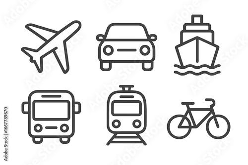 Transportation icons representing various modes of travel including air, land, and sea in a minimalistic vector cartoon style. Modern travel symbols for airplane, car, ship, bus, train, and bicycle
