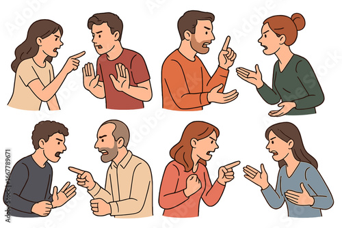 Vector set of angry people arguing. Conflict and disagreement concept. Man and woman couple fighting, shouting, blaming. Relationship problems. Quarrel, dispute illustration.