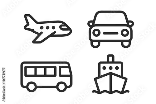 Transportation icons representing various modes of travel including air, land, and sea in a minimalistic vector cartoon style, simple and clear design with transparent background