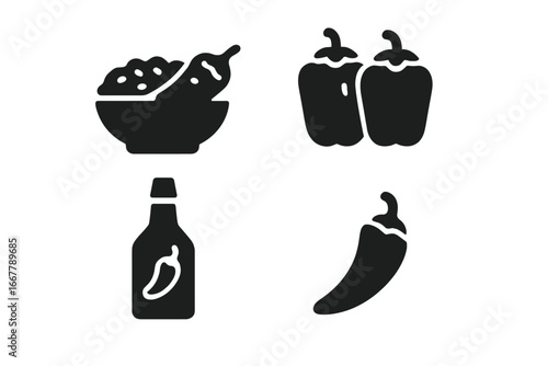 Pepper food icons set. Solid glyph vector collection with chili con carne, bell pepper, hot sauce bottle and spicy chili. Mexican cuisine and cooking ingredients symbols.