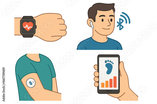 Wearable health technology vector icon set. Smartwatch heart rate monitor, glucose sensor patch, fitness app on phone. Digital health care & personal wellness tracker cartoon.