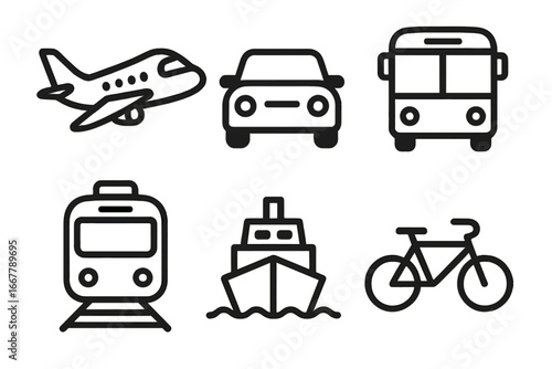Transportation icons representing various modes of travel including air plane, car, bus, train, ship, and bicycle in a minimalistic black line vector cartoon illustration