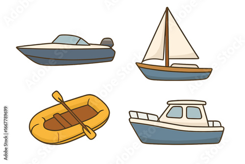 Boat set vector illustration. Cartoon water transport collection. Speedboat, sailboat, inflatable dinghy and fishing ship icon. Marine travel and leisure sea vehicle design.