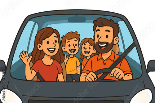 Happy family enjoying a road trip together in a car. Parents and children on a fun car journey, vacation travel concept. Vector cartoon illustration of people driving.