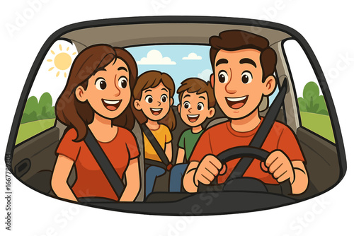 Happy family on a road trip. Parents and children driving in a car on a sunny day. Concept of travel, vacation, togetherness, leisure, and adventure. Cartoon vector.