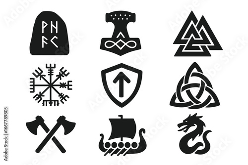Viking Symbols Grid Solid Filled Icon Set of Norse Runes Rune Stone Thor's Hammer Valknut Norse Compass Helm of Awe Dragon and Viking Ship Vector Illustration