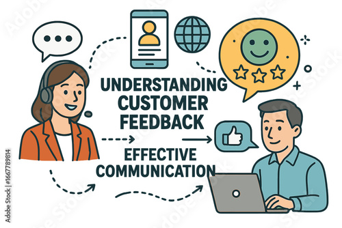 Understanding Customer Feedback through Effective Communication Strategies in Digital Environment, Support Team Interaction, Positive Reviews, Online Customer Service Vector Cartoon Illustration
