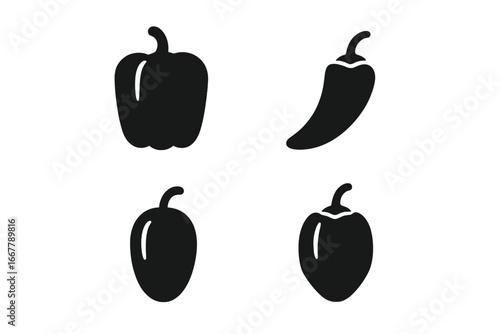 Pepper varieties vector icon set. Solid glyph collection of bell pepper, chili, jalapeño, habanero. Paprika and capsicum simple black silhouette. Hot spicy food symbol.