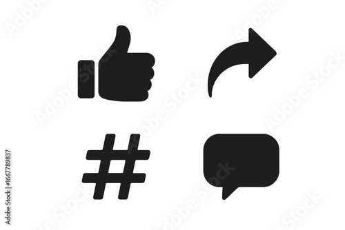 Social media icons set. Solid glyph vector collection for web and app design. User interface elements like thumb up, share arrow, comment bubble, and hashtag for engagement.