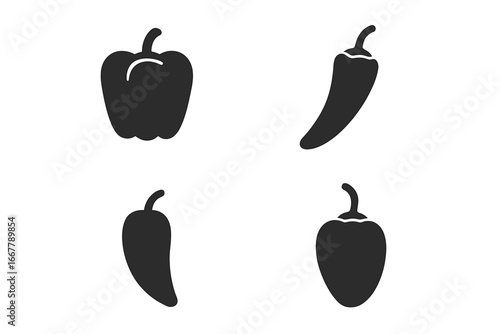 Pepper varieties solid icon set. Vector glyph silhouette collection. Includes bell pepper, paprika, chili, jalapeño, habanero. Concept for hot spicy food, cooking, ingredient.