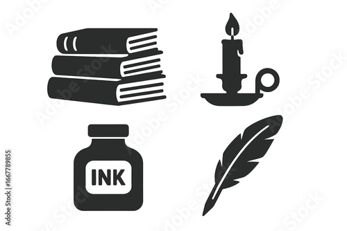 Vintage bookshelf icons solid filled vector set of stacked old books, antique candle holder, ink bottle, feather quill pen, classic writing tools and reading accessories illustration