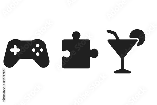 Virtual activities icons set, solid filled symbols of social leisure and fun including game controller, puzzle piece, cocktail glass, digital entertainment vector illustration