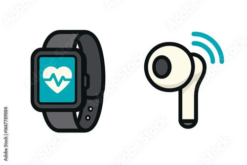Smartwatch with heart rate monitor and wireless earphone icon. Wearable technology for fitness, health. Activity tracker concept. Vector for sport, workout, cardio, music.