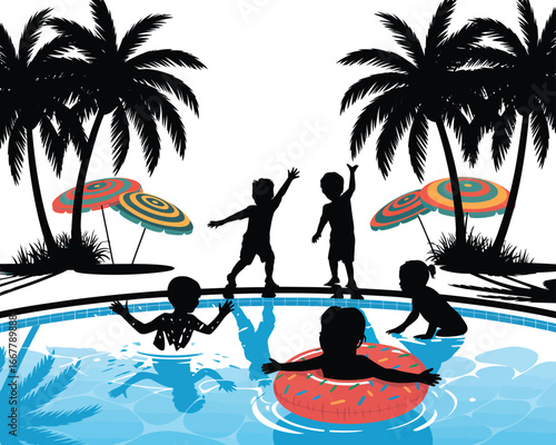 Kids Playing by the Pool with Palm Trees and Beach Umbrellas on a Sunny Day