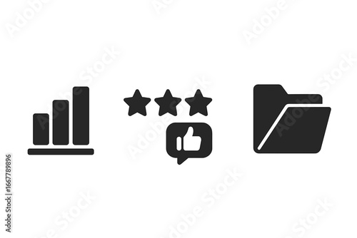 Performance review solid icon set. Employee evaluation glyph symbols. Business analytics chart, star rating for quality, feedback bubble, and document folder vector icons.
