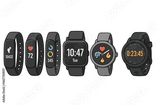 Diverse fitness trackers and smartwatches in a row on white background, digital health wearable devices, activity monitoring, heart rate, step count, exercise tracking, vector cartoon illustration