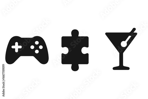 Virtual activities icons set, solid filled symbols of online social entertainment including game controller, puzzle piece, cocktail glass, digital leisure vector illustration