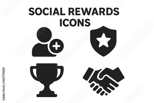 Social rewards solid glyph icon set. Multiplayer game achievement and loyalty program symbols. Friend invite, clan badge, trophy cup, and handshake vector pictograms.
