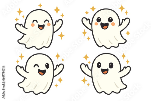 Cute ghost characters celebrating with sparkles. Kawaii spirits collection for Halloween party. Happy friendly spooky phantom cartoon vector illustration set for stickers.