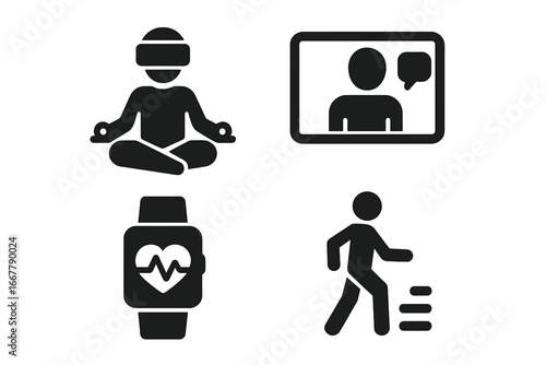 Virtual fitness icons solid filled set for virtual health and wellness, VR yoga meditation, virtual personal trainer, heart rate monitor smartwatch, step tracker vector illustration