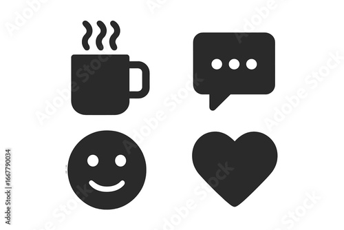 Virtual coffee break icons set, solid filled symbols including steaming coffee mug, chat bubble, smiley face, heart shape, vector illustration for online communication and socializing