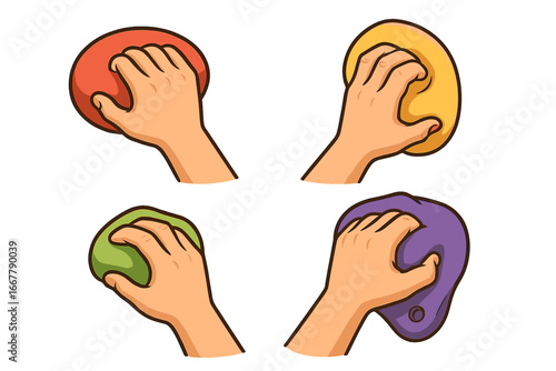 Various hand grips on colorful climbing holds demonstrating different rock climbing techniques for training and exercise in indoor gym settings, vector cartoon illustration