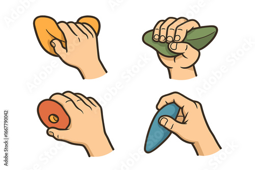 Various hand grips on climbing holds demonstrating different rock climbing training techniques in gym environment, vector cartoon illustration showing grip styles and strength practice