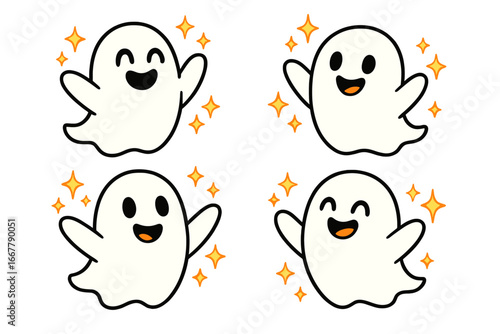 Cute ghost characters celebrating with sparkles. Happy cartoon phantom set for Halloween. Spooky spirit mascot collection. Joyful boo illustration for kids party design element.