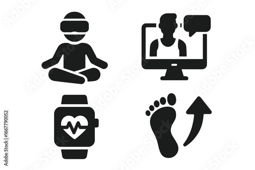 Virtual Fitness Icons Solid Filled Set Including Virtual Reality Yoga, Online Personal Trainer, Heart Rate Monitor Smartwatch, Step Counter Vector Illustration Transparent Background