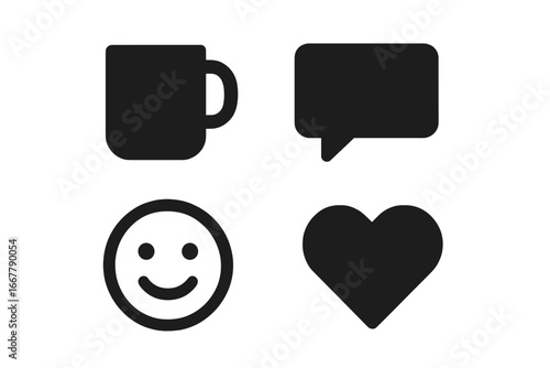 Virtual coffee break icons set, solid filled vector symbols with coffee mug, chat bubble, smiley face, heart icon, social connection, online meeting concept