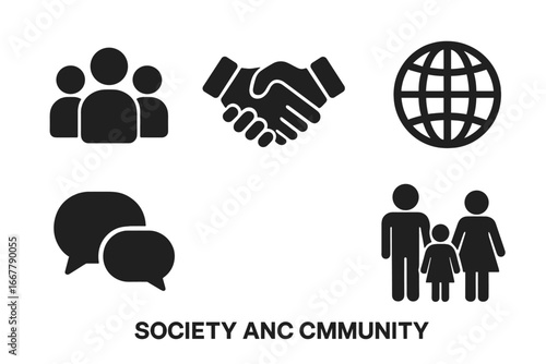 Society and community solid icon set. Vector glyph symbols of people group, handshake, global communication, and family. Teamwork, partnership and social relationship concept.