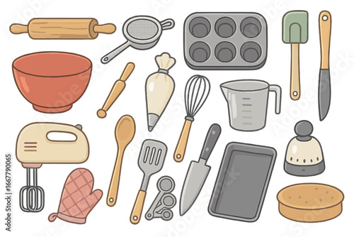 Various kitchen tools and utensils for baking and cooking in minimalist design, vector cartoon illustration with transparent background, ordered set of essential culinary equipment