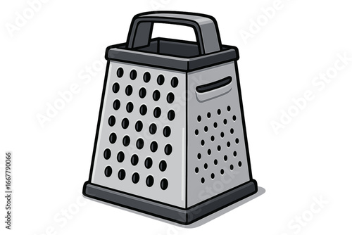 Six-sided box grater for shredding, slicing and grating. Metal kitchen utensil for cooking and food preparation. Vector cartoon illustration of a kitchenware tool isolated.